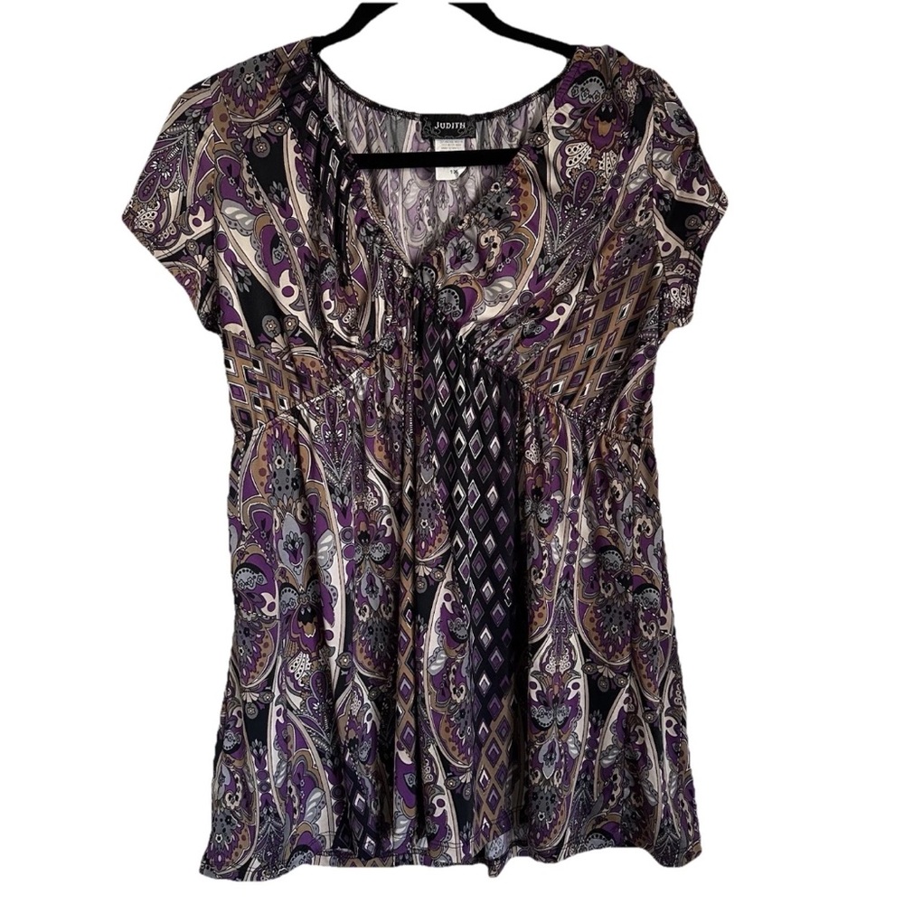 Judith Womens 1X Floral SS Babydoll V-Neck Top Bohemian Fairy Whimsy Festival